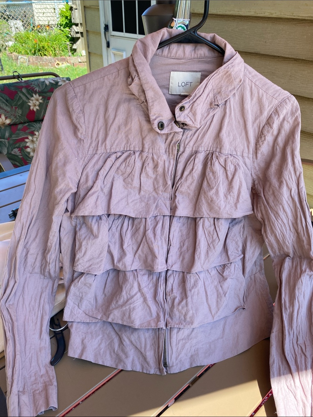 LOFT Dusty Rose Tiered Ruffle Zip Jacket